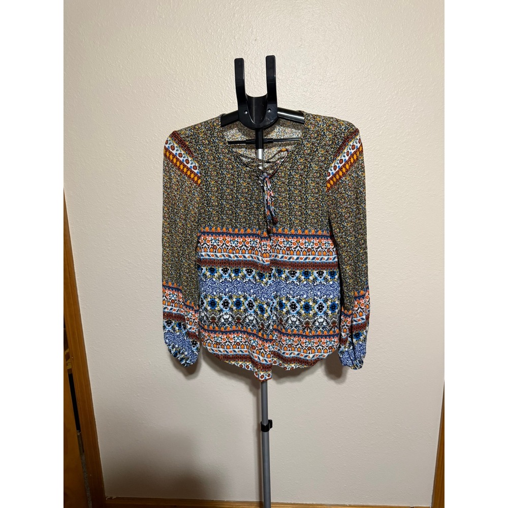 Farmers Market Womens Small Boho Floral Mixed Print Lace Up Lurex Blouse Top